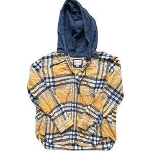 American Eagle Shirt Jacket Medium Plaid Hooded Distressed Flannel Casual